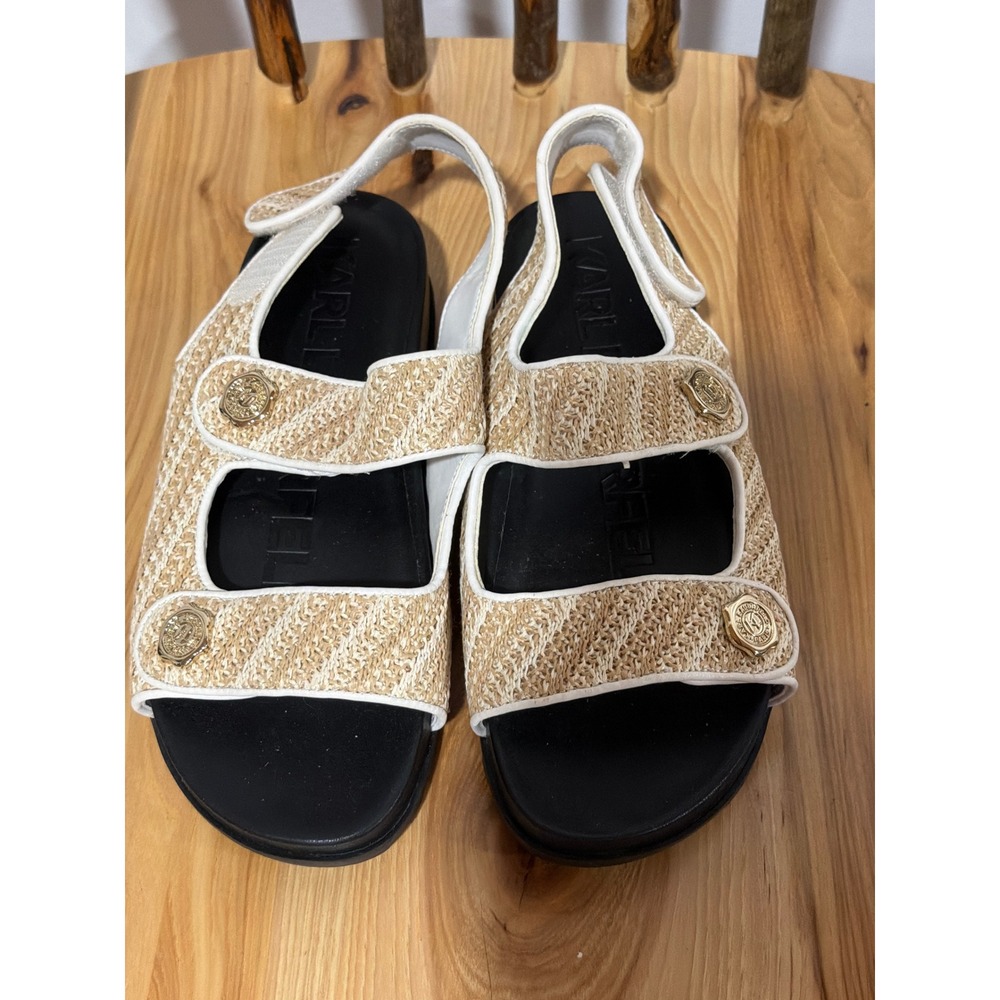 Karl Lagerfeld Paris Bindi Woven Platform Slingback Sandals Natural Whit 8M Chic
